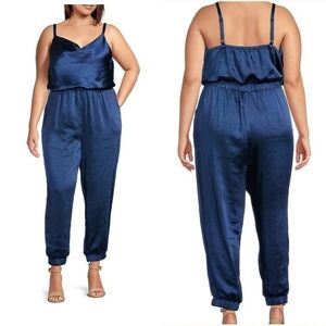 Skies Are Blue Womens Luxury Jumpsuit Blue Satin Party Cocktail  Sleeveless  2X